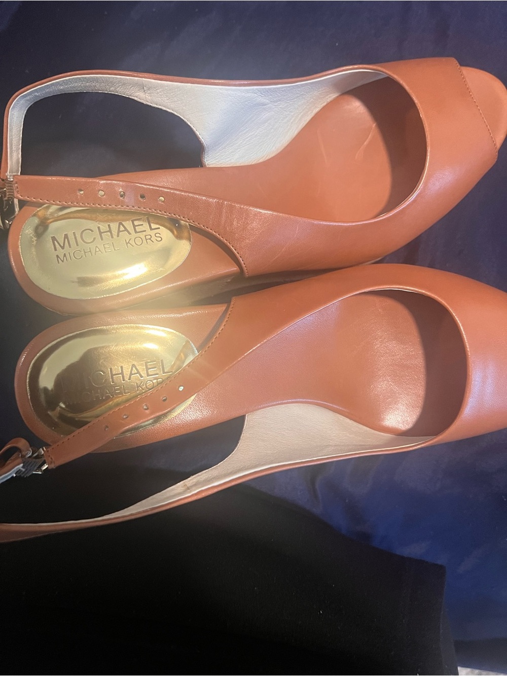 Michael Kors Tan Leather Cork Wedge Slingbacks - Picture 3 of 4